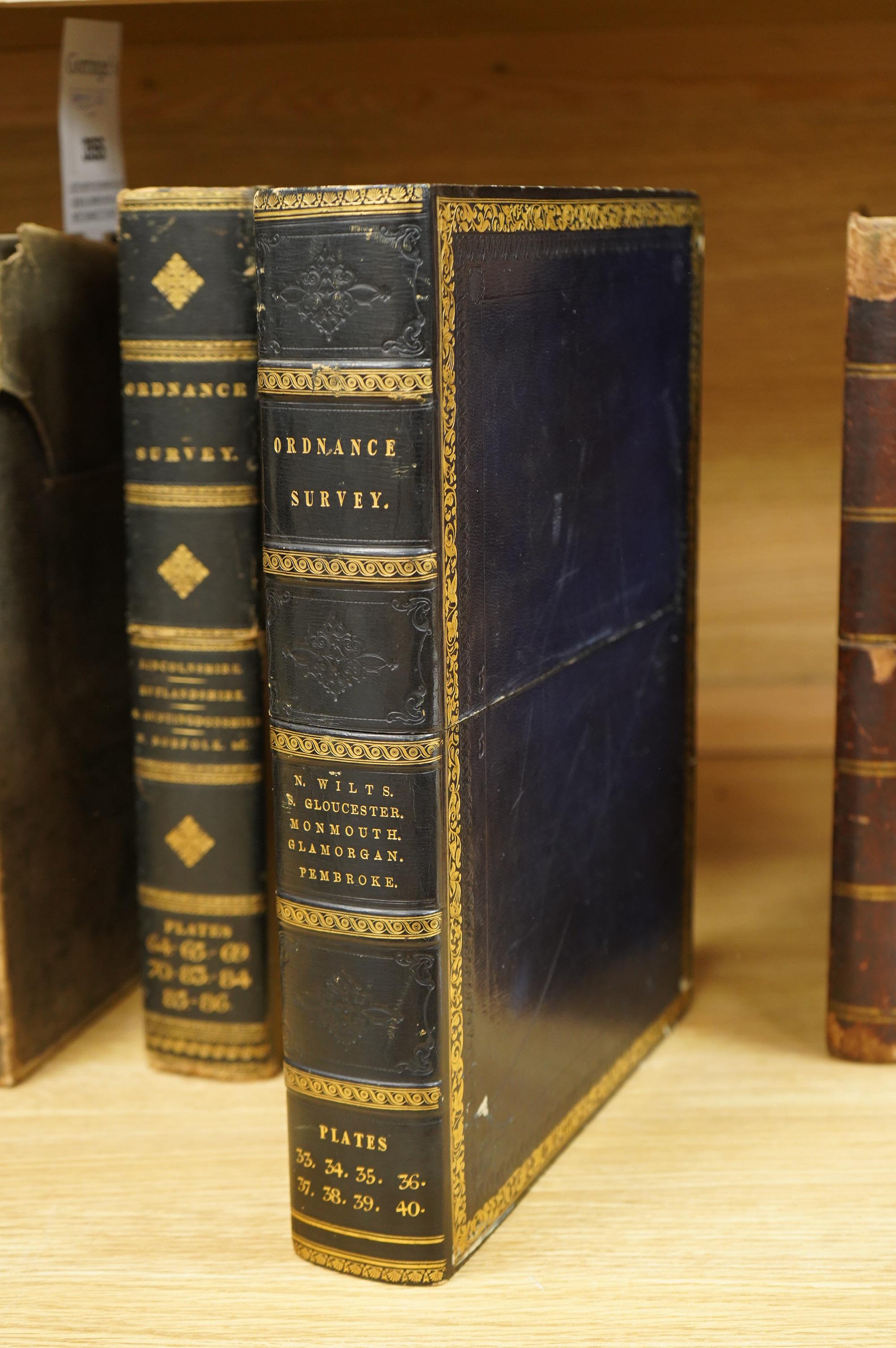 Ordnance Survey maps, comprising of a set of eight engraved maps mounted on linen and each edged with blue cotton, covering N. Wiltshire, S. Gloucester, Monmouth, Glamorgan, and Pembroke, sheet no.s; 36, 37, 38, 39, 40,